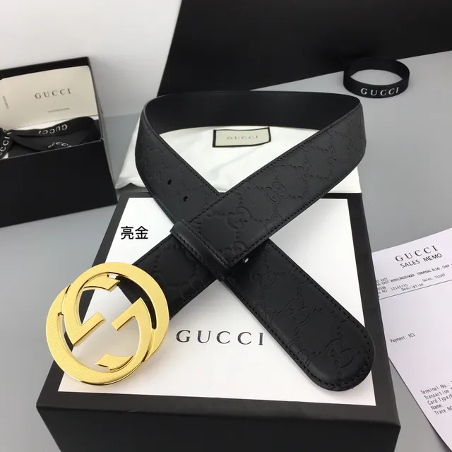 Gucci Interlocking G Cinto Preto Dourado Embossed GG Monogram Grande Fivela Circular Cinturão de Couro 6