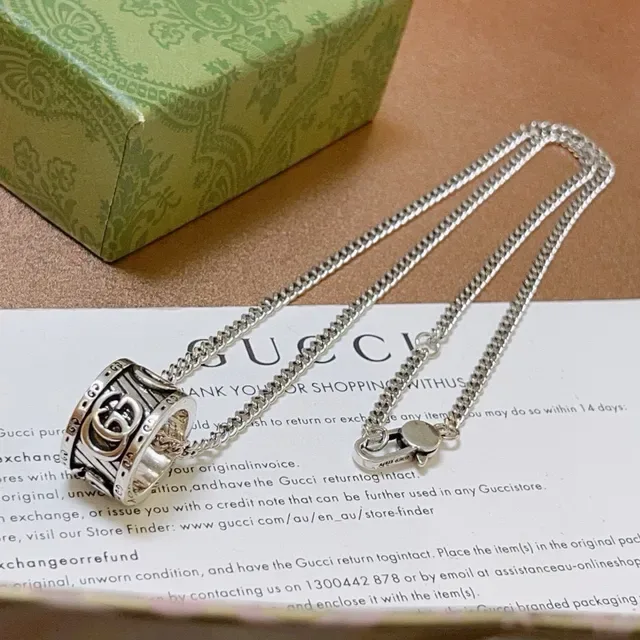 Gucci Interlocking G Ring Pendant Silver-Tone Curb Chain Necklace 6