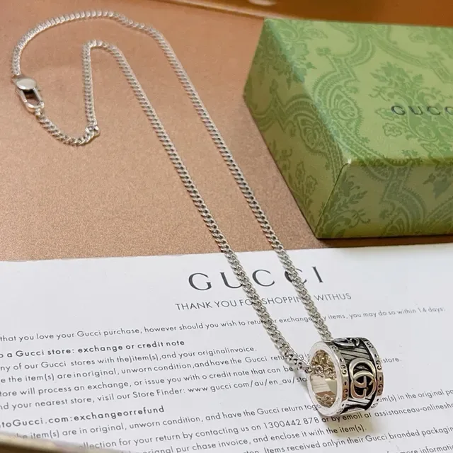 Gucci Interlocking G Ring Pendant Silver-Tone Curb Chain Necklace 7