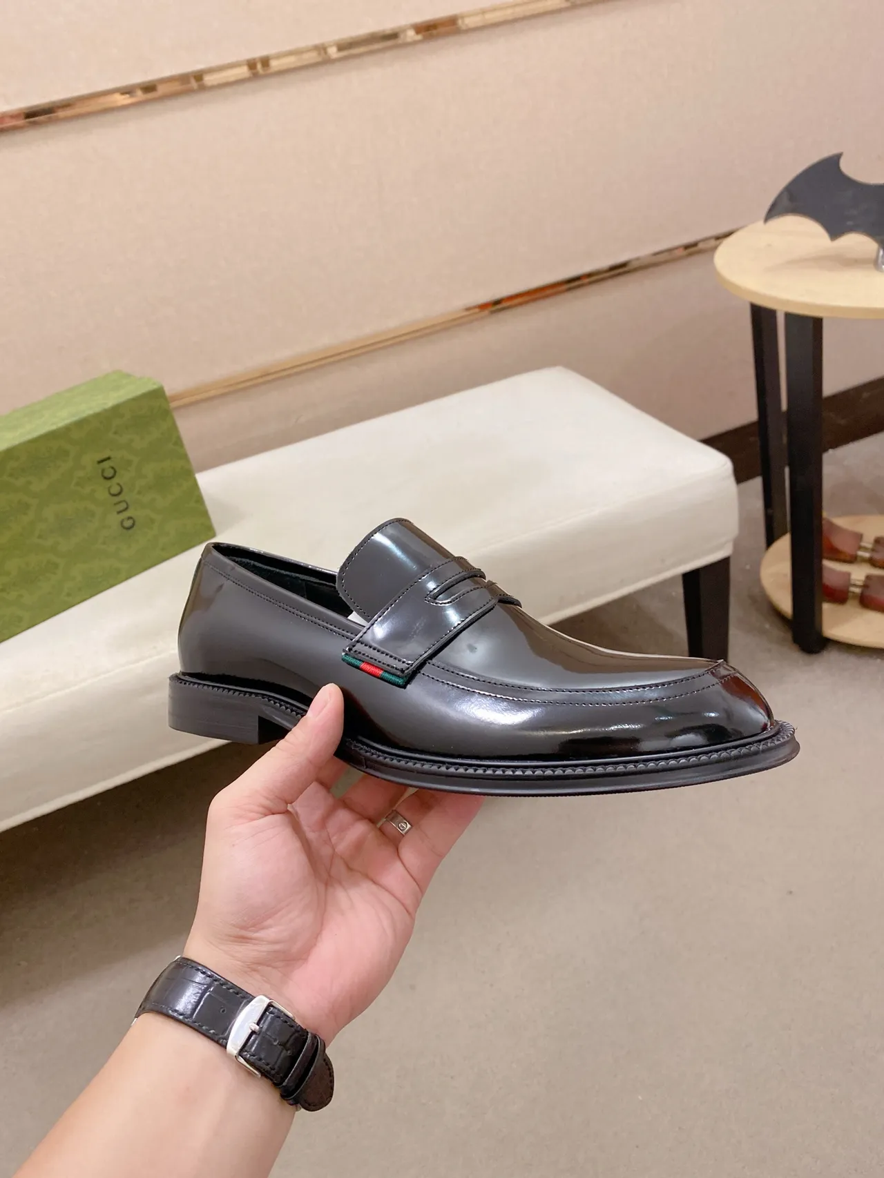 Gucci loafer noir vert cuir patenté brillant bride penny loafer 5