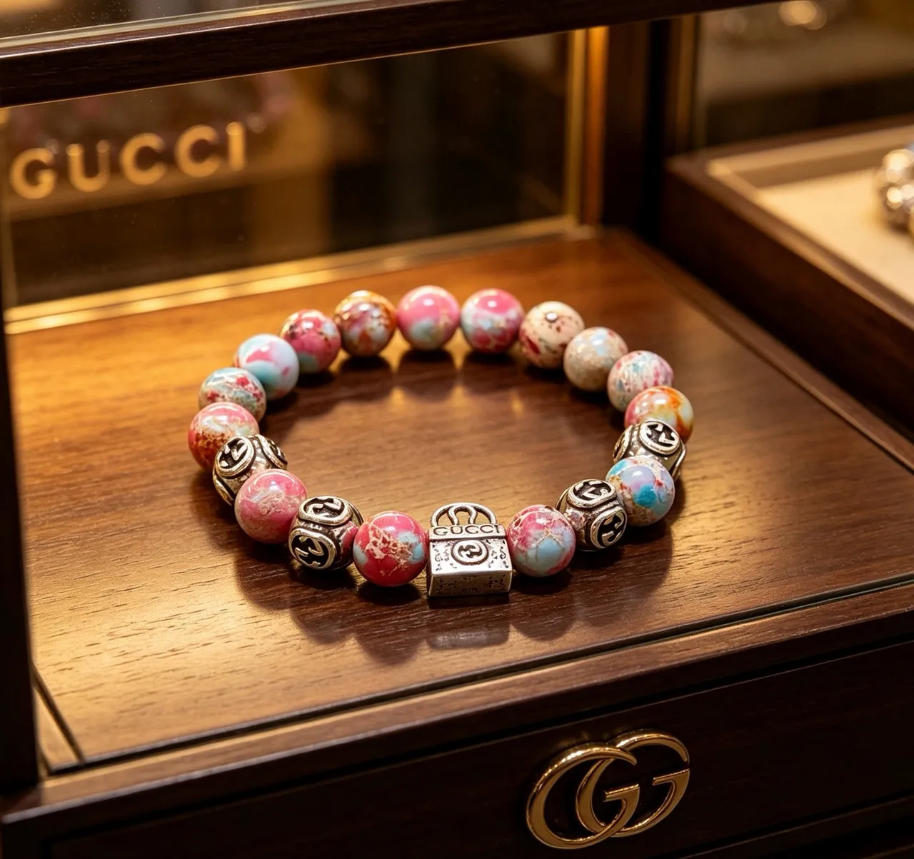 Gucci Multicolor Silver Marbled Resin Beads Interlocking G Charms Bracelet 5