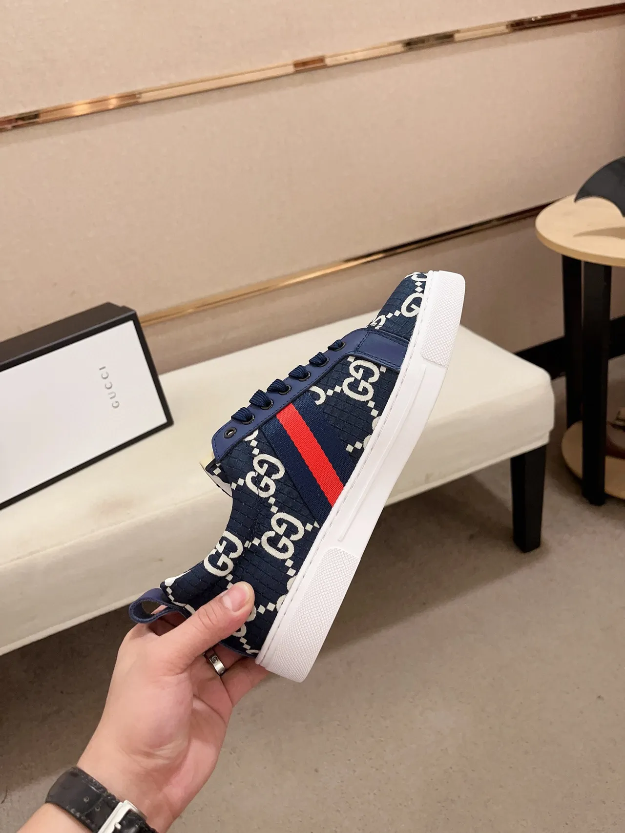 Gucci Navy Red GG Monogram Canvas Upper Web Stripe Lifestyle Sneakers 5