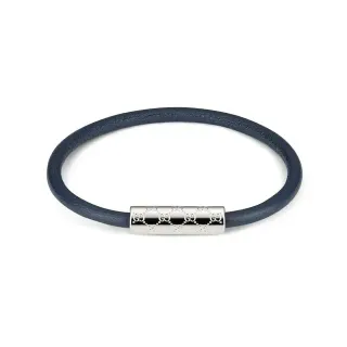 Gucci Navy Silver Pulsera de Cuero Redonda con Cordón Cilíndrico Broche Grabado en Metal