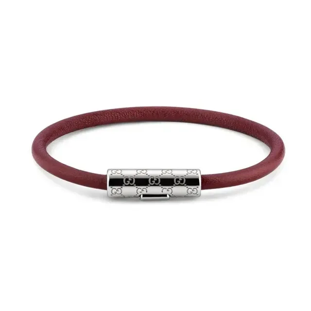 Gucci Navy Silver Pulsera de Cuero Redonda con Cordón Cilíndrico Broche Grabado en Metal 14
