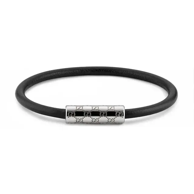 Gucci Navy Silver Pulsera de Cuero Redonda con Cordón Cilíndrico Broche Grabado en Metal 15