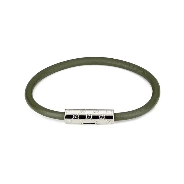 Gucci Navy Silver Pulsera de Cuero Redonda con Cordón Cilíndrico Broche Grabado en Metal 16