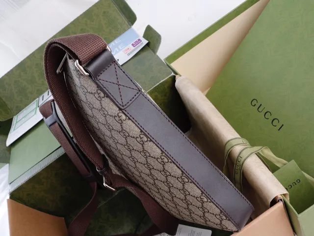 Gucci Ophidia Beige Brown GG Monogram Canvas Leather Trim Messenger Bag 6