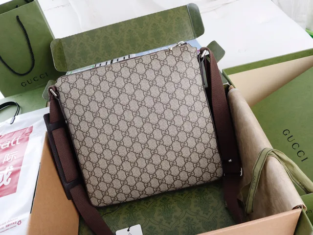 Gucci Ophidia Beige Brown GG Monogram Canvas Leather Trim Messenger Bag 12