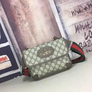 Gucci Ophidia بيج رمادي GG Monogram قماش بيضاوي جلد لوحة حقيبة جانبية