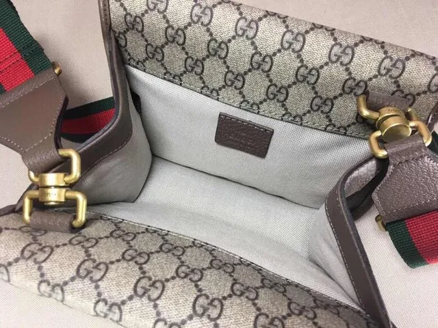 Gucci Ophidia بيج رمادي GG Monogram قماش بيضاوي جلد لوحة حقيبة جانبية 2