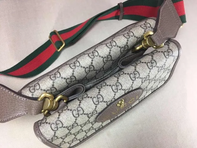 Gucci Ophidia بيج رمادي GG Monogram قماش بيضاوي جلد لوحة حقيبة جانبية 3