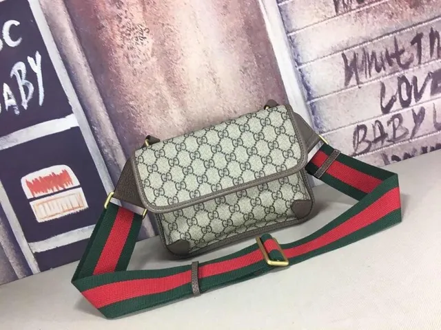 Gucci Ophidia بيج رمادي GG Monogram قماش بيضاوي جلد لوحة حقيبة جانبية 9
