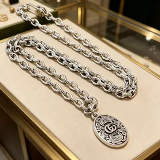Gucci Ophidia রূপালী ভারী লিঙ্ক চেইন খোদাইকৃত ব্র্যান্ডিং নেকলেস