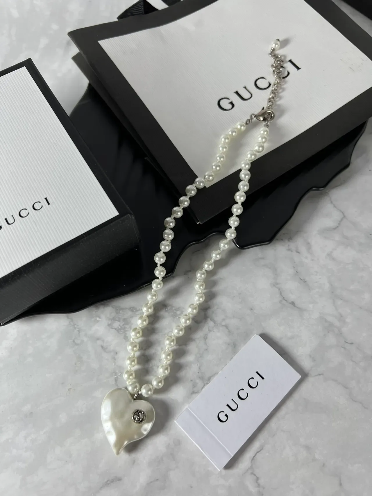 Gucci Pearl Strand Heart Pendant Necklace 6