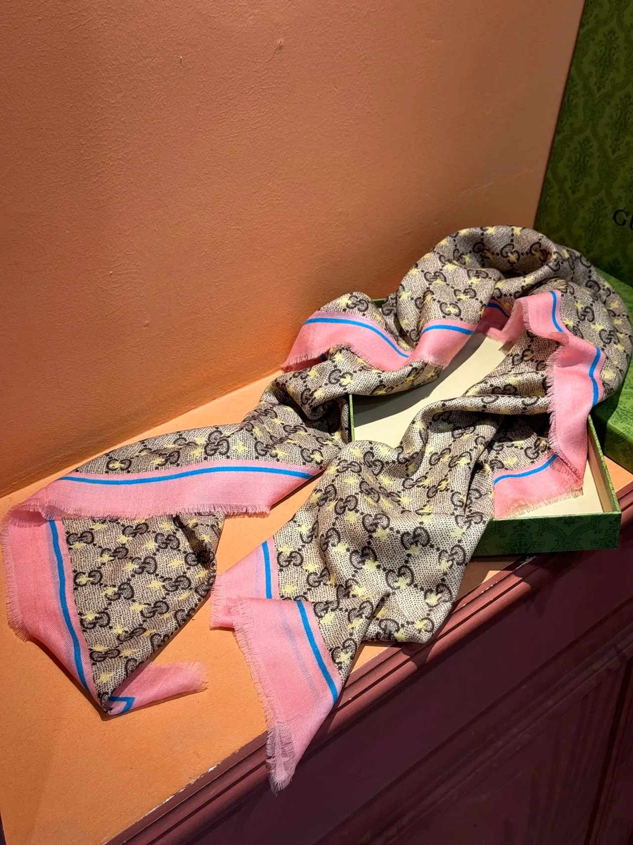 Gucci Rosa Beige GG Monogram Print Fringed Border Silk Scarf 8