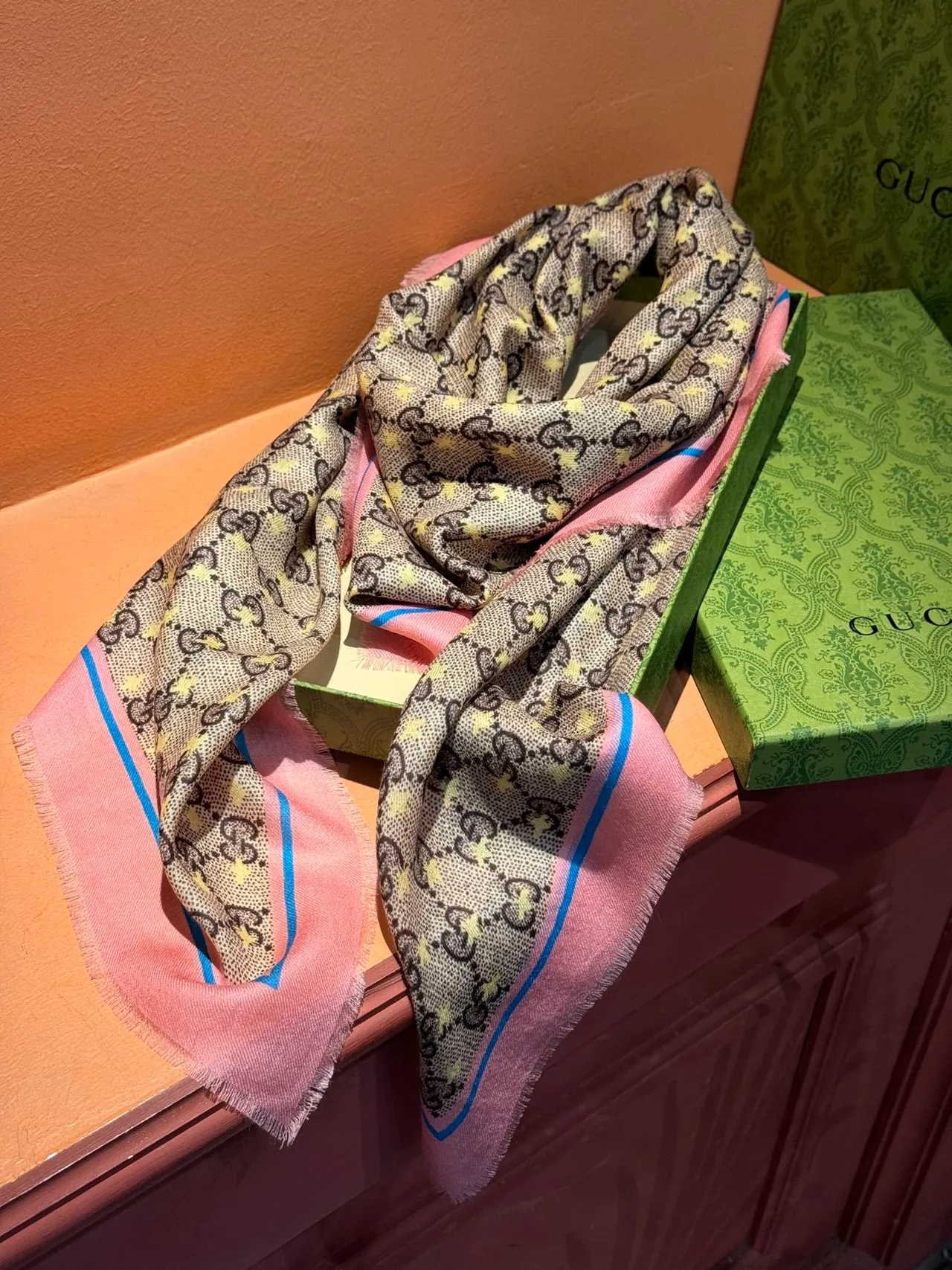 Gucci Rosa Beige GG Monogram Print Fringed Border Silk Scarf 9