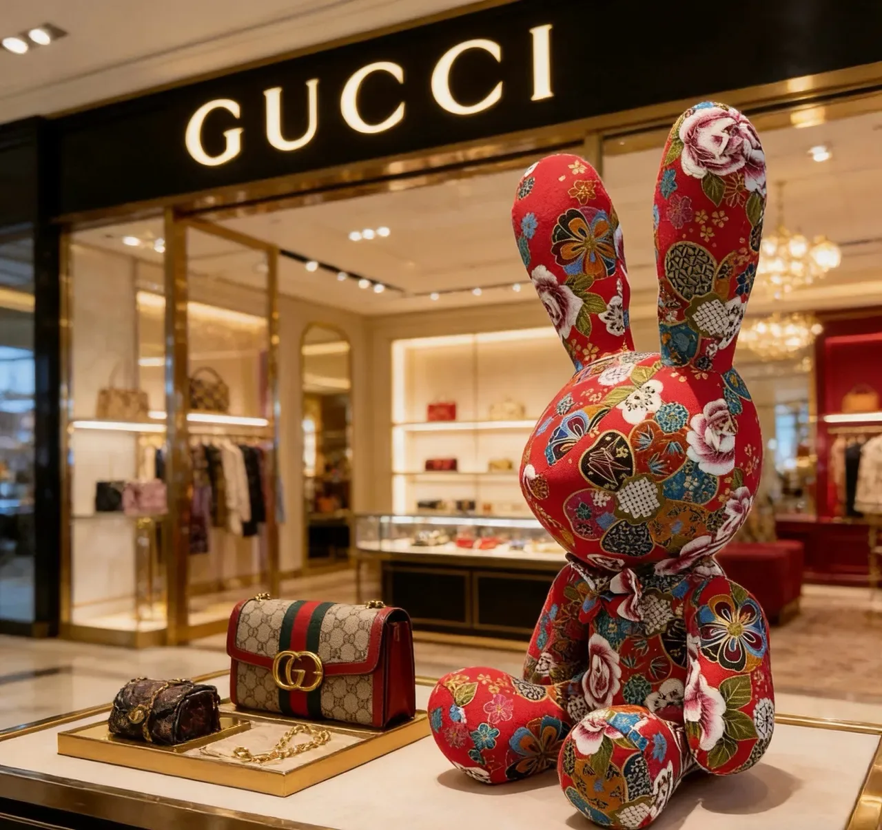 Gucci Bolso Rojo Multicolor Conejo Peluche Patchwork Floral 7