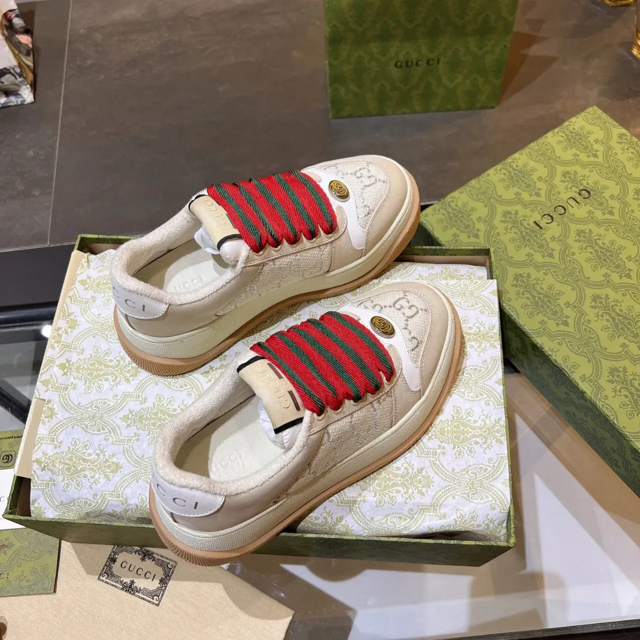 Gucci Screener Beige GG Monogram Web Stripe أحذية رياضية بنمط حياة 6