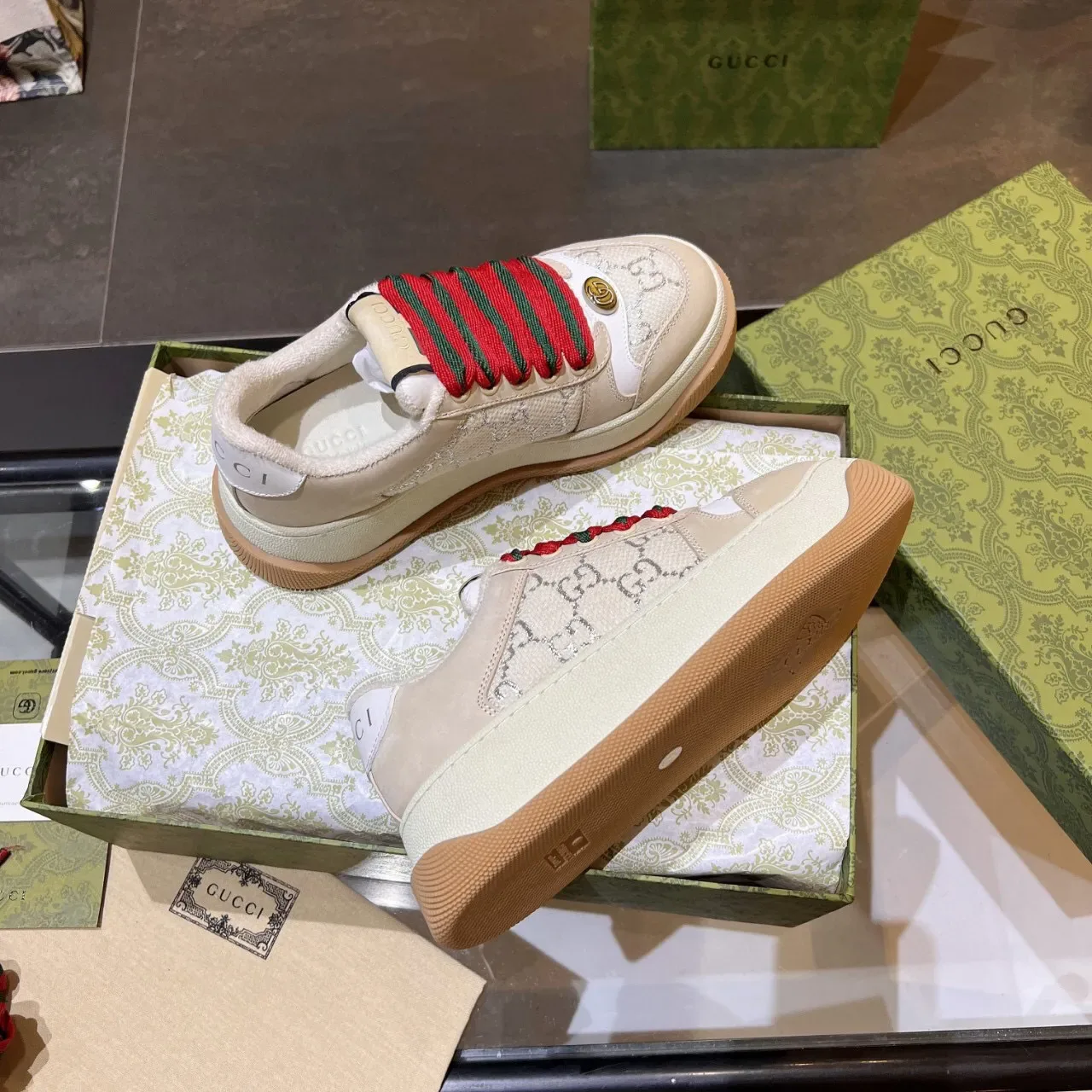 Gucci Screener Beige GG Monogram Web Stripe أحذية رياضية بنمط حياة 7