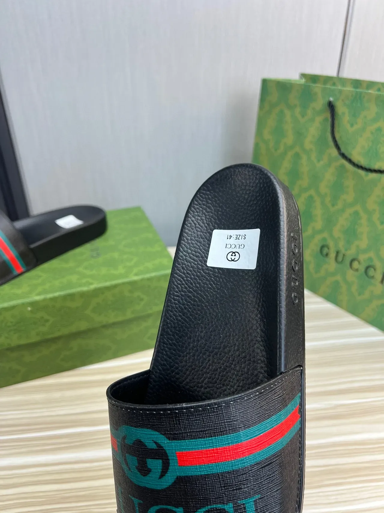 Gucci Screener Black Green Pebbled Sole Web Stripe Strap Slippers 3
