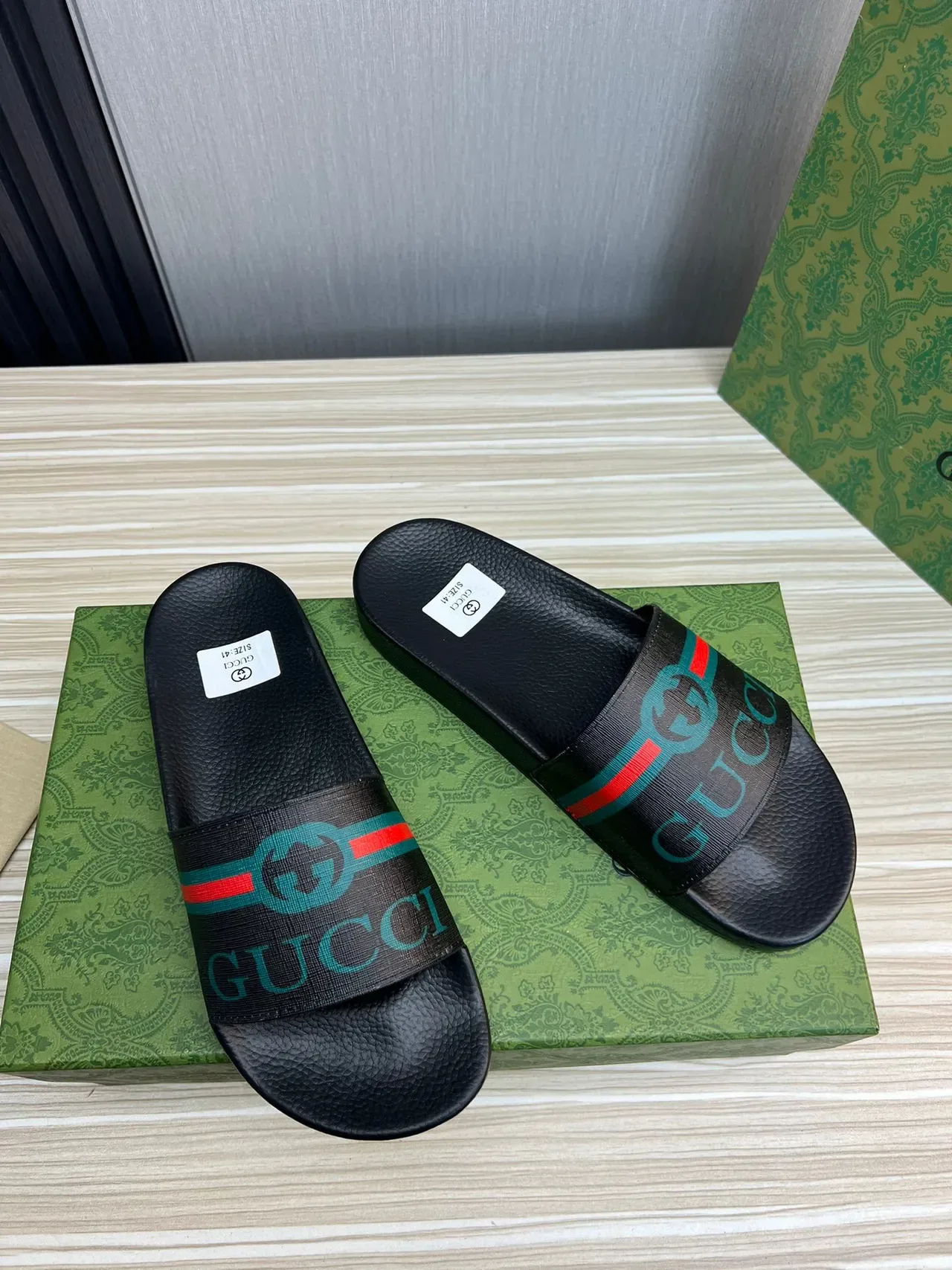 Gucci Screener Black Green Pebbled Sole Web Stripe Strap Slippers 5