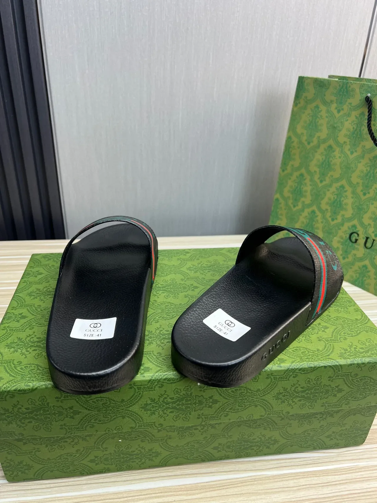 Gucci Screener Black Green Pebbled Sole Web Stripe Strap Slippers 6