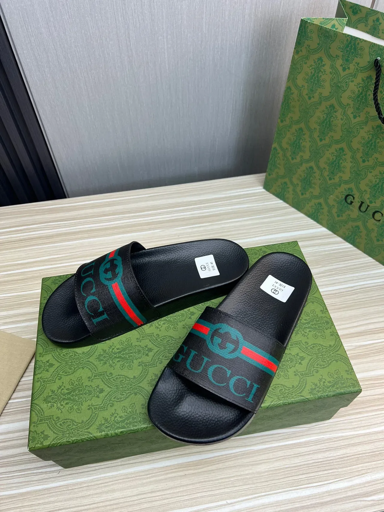 Gucci Screener Black Green Pebbled Sole Web Stripe Strap Slippers 8