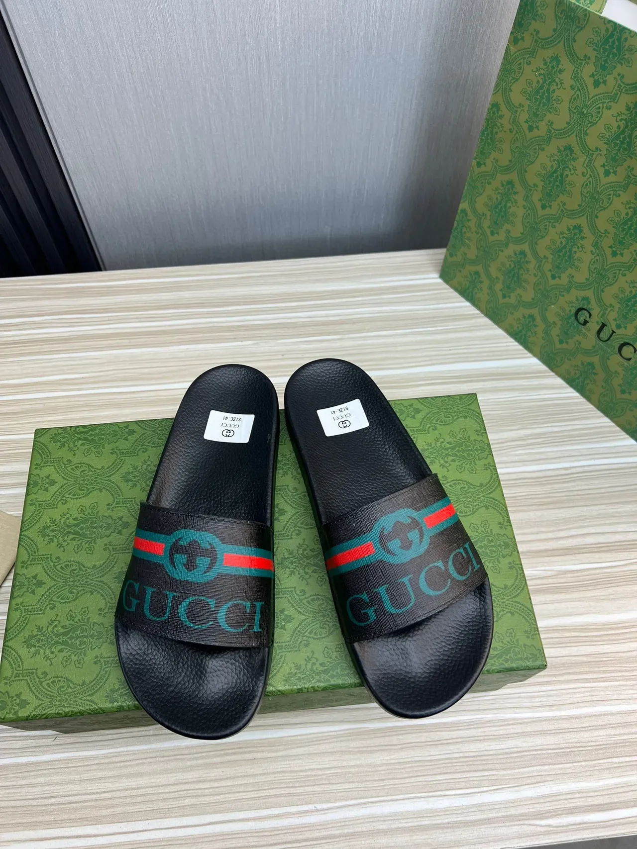 Gucci Screener Black Green Pebbled Sole Web Stripe Strap Slippers 9