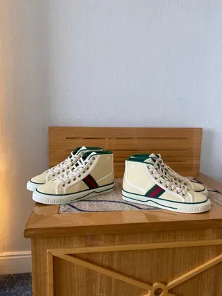Gucci Screener Chaussures Lifestyle En Toile Cream Rayures Web Hautes 4