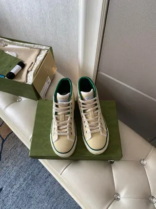 Gucci Screener Chaussures Lifestyle En Toile Cream Rayures Web Hautes 5