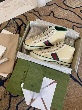 Gucci Screener Chaussures Lifestyle En Toile Cream Rayures Web Hautes 6