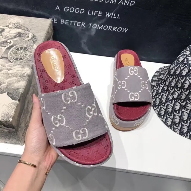 Gucci Screener Gray and Red Monogram Platform Slippers 2