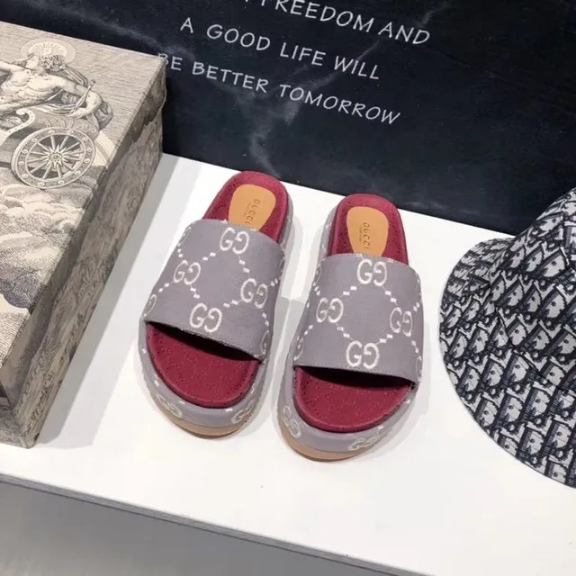 Gucci Screener Gray and Red Monogram Platform Slippers 9