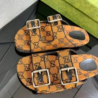 Gucci Screener Naranja Monogram Doble Hebilla Slide Sandalias