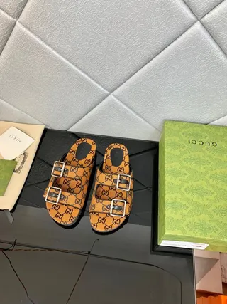 Gucci Screener Orange Monogram Double-Buckle Slide Slippers 2