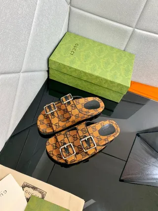 Gucci Screener Orange Monogram Double-Buckle Slide Slippers 4