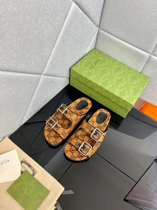 Gucci Screener Orange Monogram Double-Buckle Slide Slippers 9