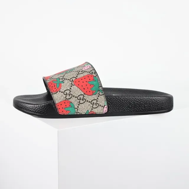 Gucci Screener Strawberry Print Monogram Slide Slippers 9