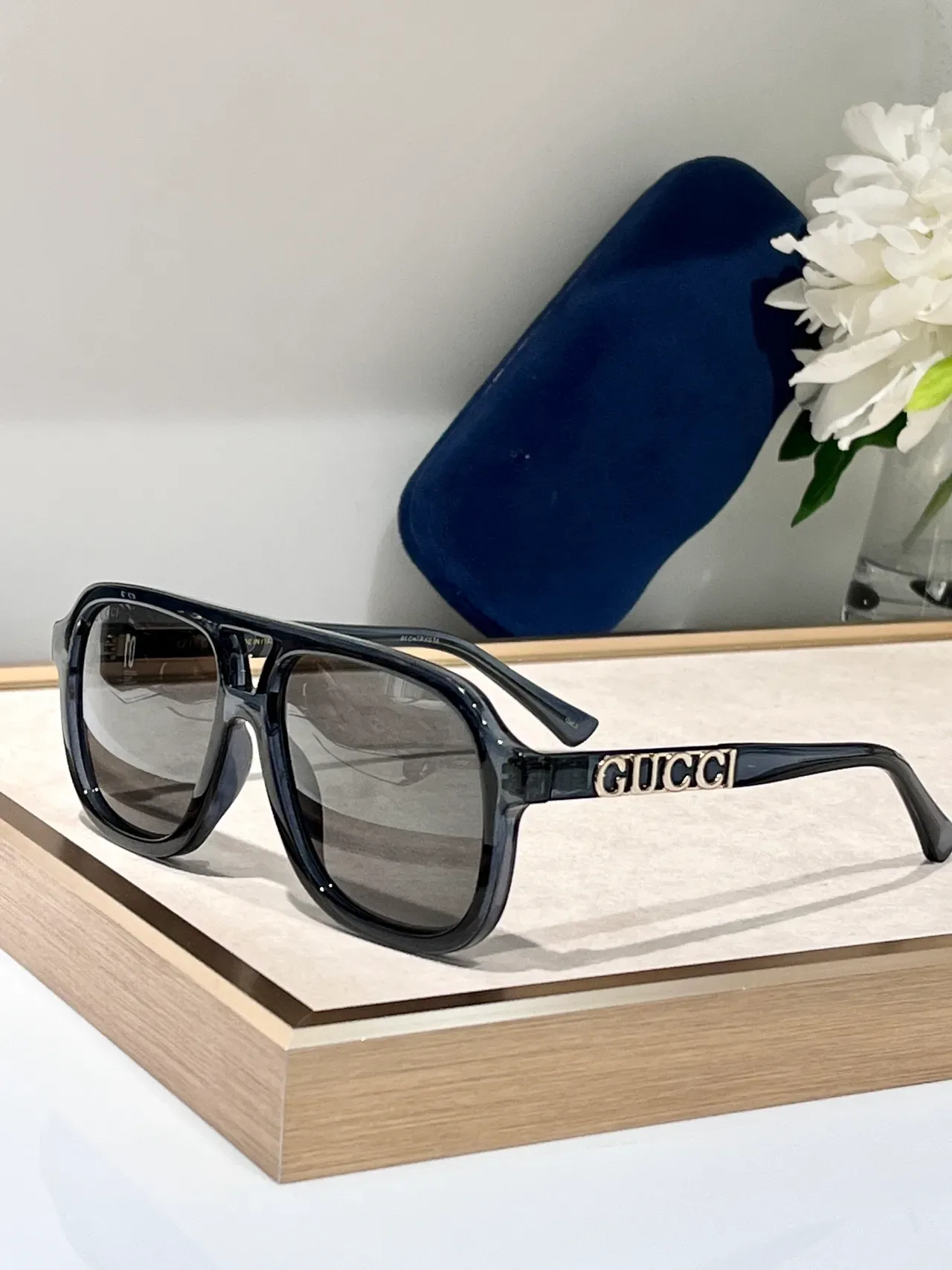 Gucci Screener Translucent Smoky Gray Logo-Temple Sunglasses 6