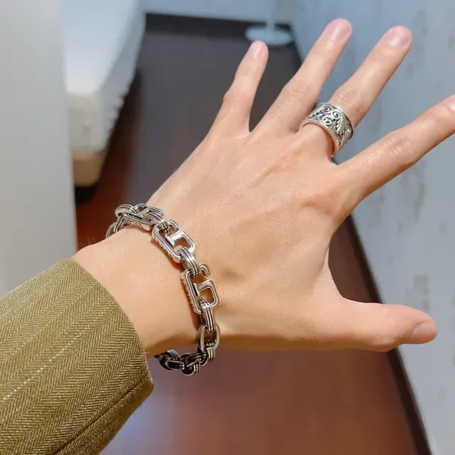 Gucci Silver Chunky Link Ribbed Metal Bracelet 8
