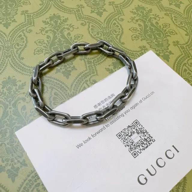 Gucci Silver Green Oxidized Heavy Oval-Link Chain Bracelet 4