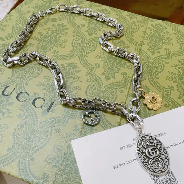 Gucci Silver Yellow Ornate Link Chain GG Logo Charms Necklace 3