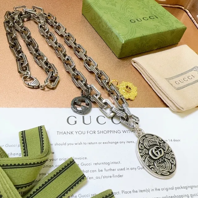 Gucci Silver Yellow Ornate Link Chain GG Logo Charms Necklace 5