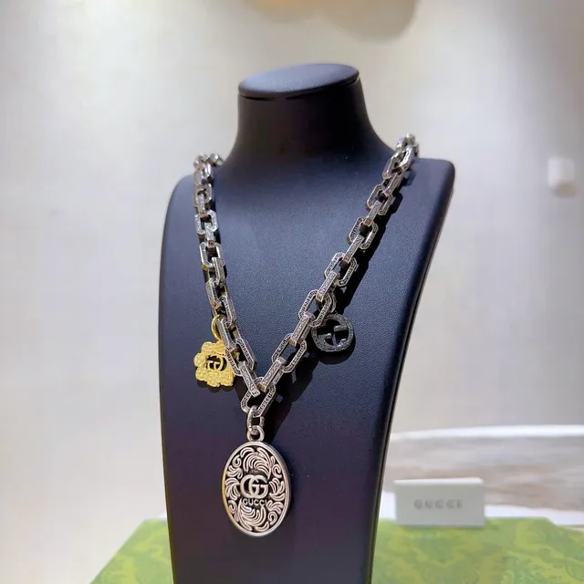 Gucci Silver Yellow Ornate Link Chain GG Logo Charms Necklace 6