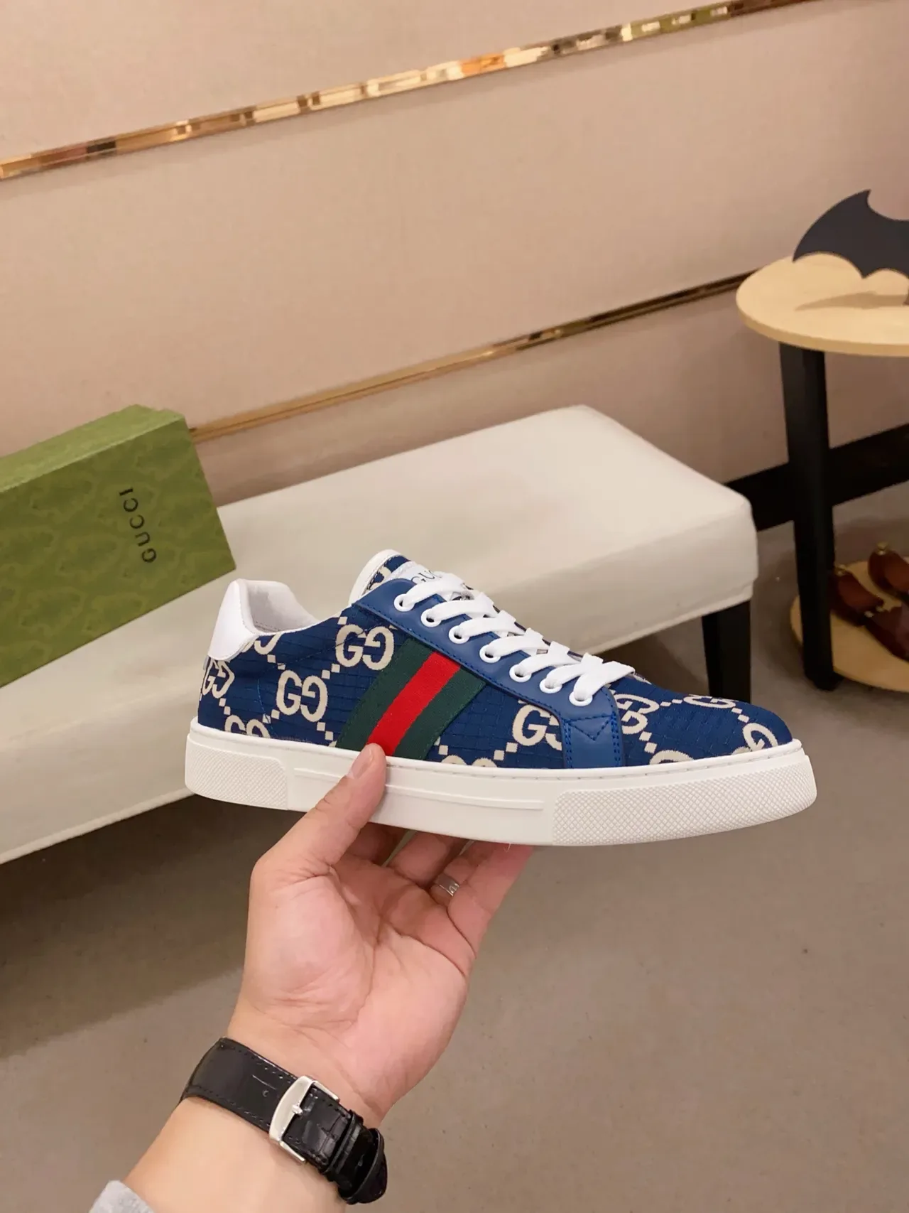 Gucci Tennis 1977 Navy GG Monogram Web Stripe Zapatillas Lifestyle 5