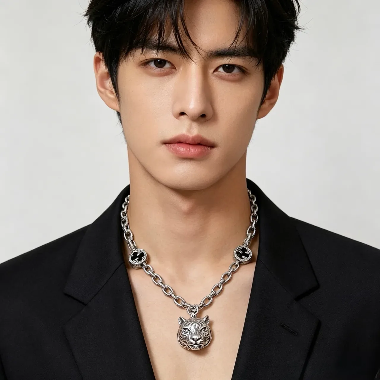Gucci Tiger Silver Black Chain Head Pendant Necklace 3