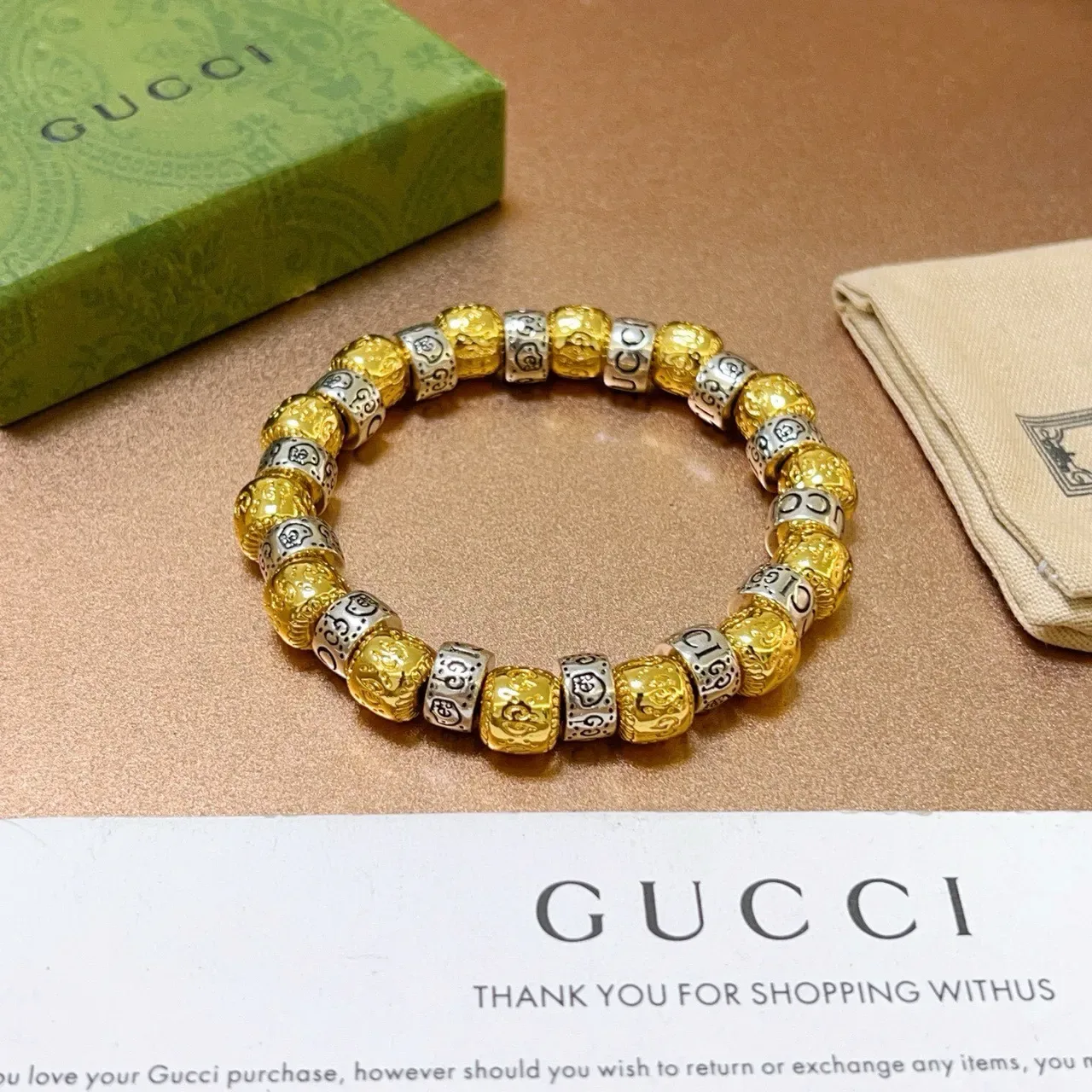 Gucci Two-Tone Engraved Logo Beaded Stretch Bracelet 6