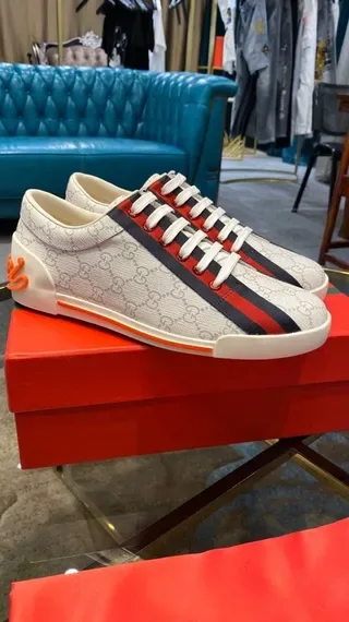 Gucci White Red GG Monogram Canvas Side Stripe Lifestyle Sneakers 6
