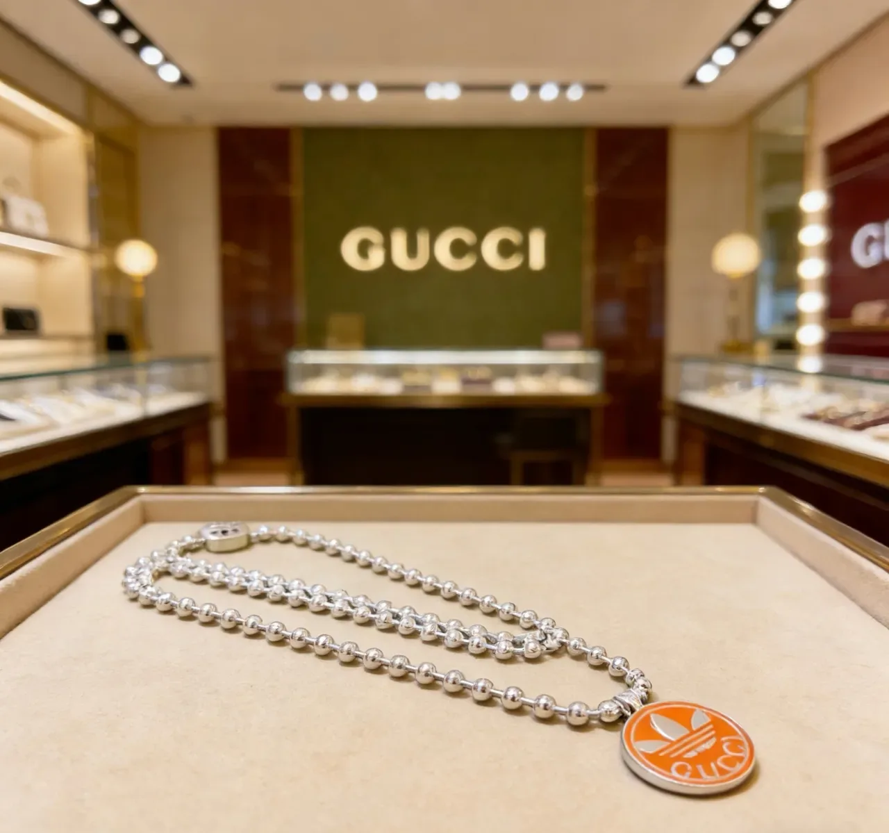 Gucci x Adidas Colar com pingente Trefoil de esmalte laranja e corrente de bolas prata 7