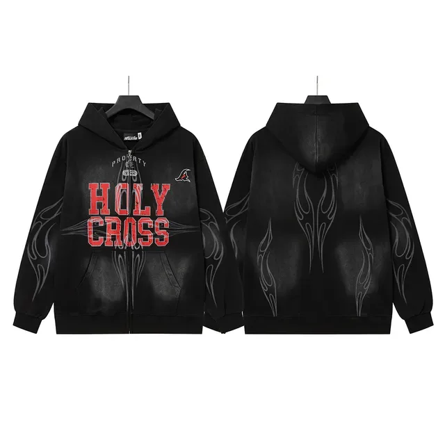 Hellstar Holy Cross Graphic Zip-Up Black Hoodie 2